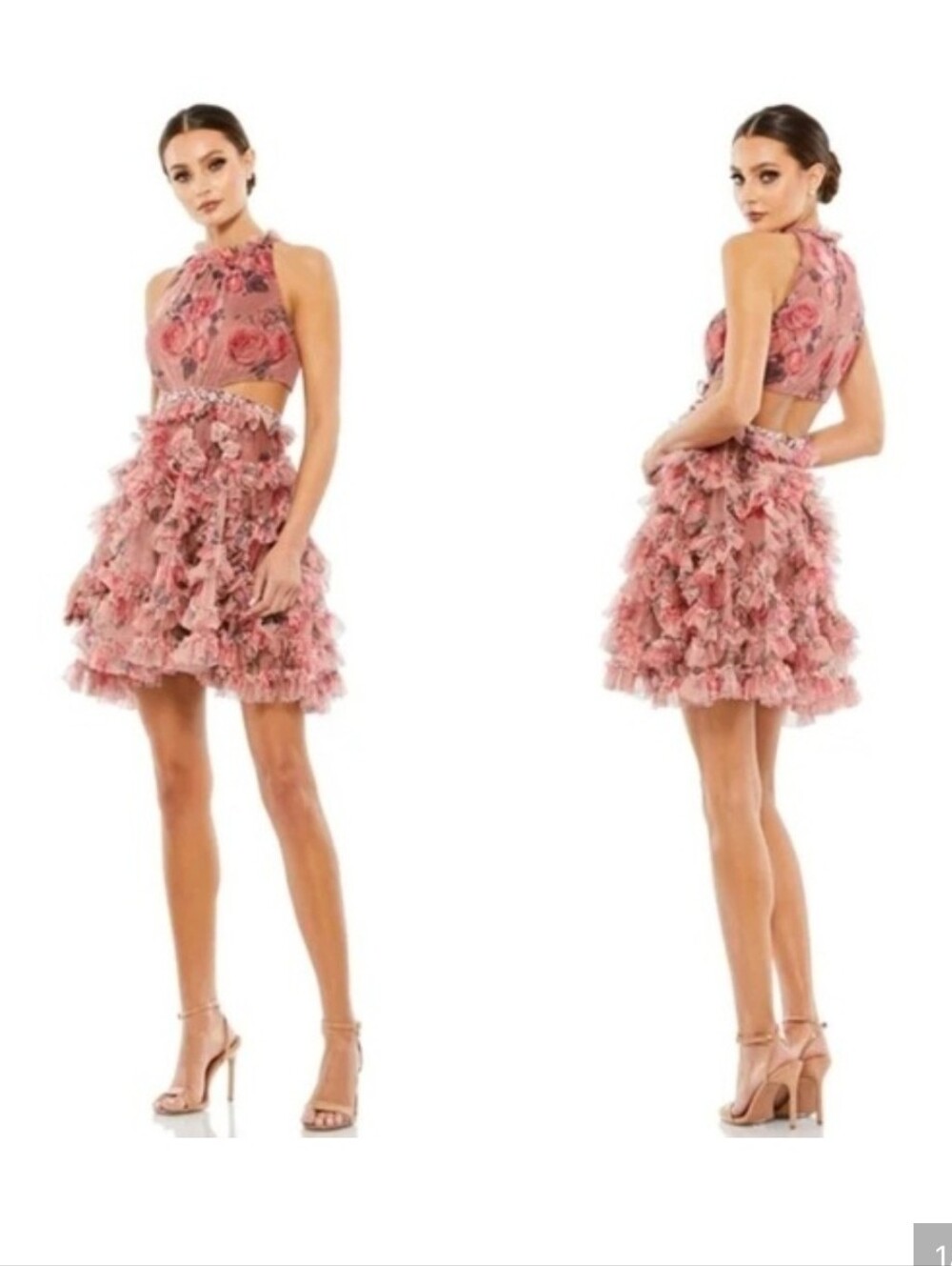 Mac Duggal Ruffled Cutout Halter Dustu Rose Floral Mini Dress Sz 6 - Picture 3 of 16
